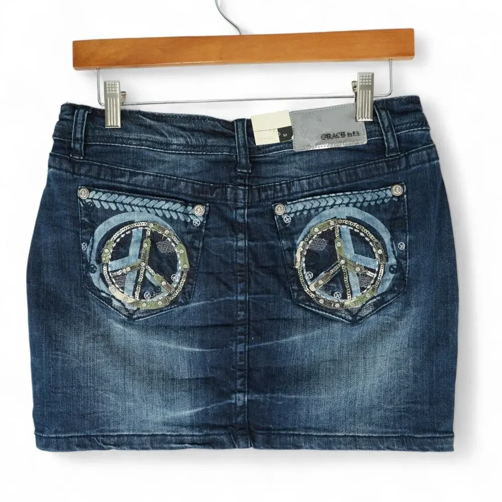 Grace in LA Skirt Womens M Embellished Rhinestone Peace Sign Designer Denim Jean